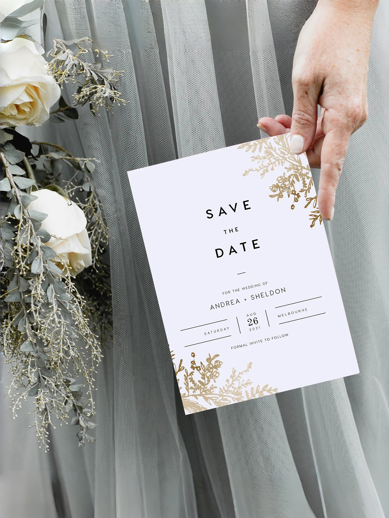 Golden Leaf Modern Save the Date Card